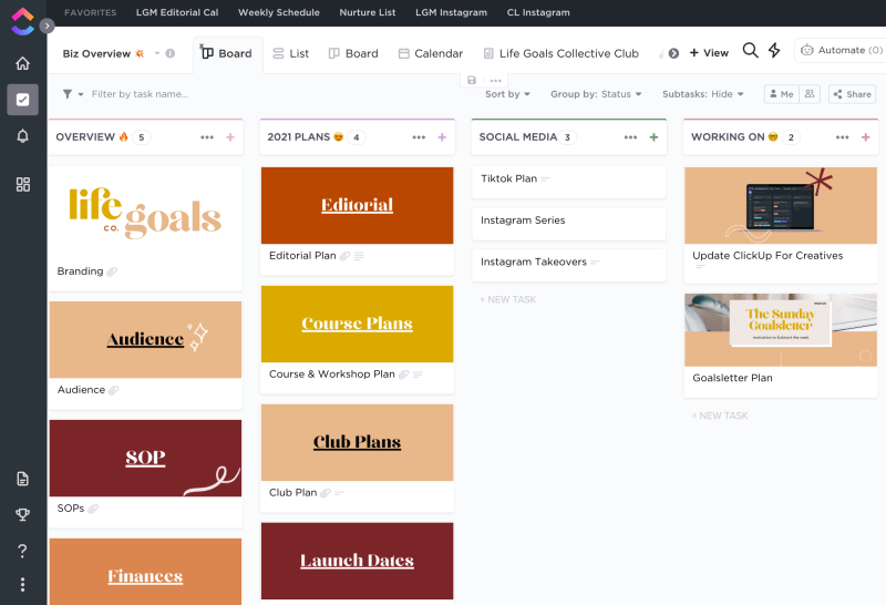 ClickUp Board View On Life Goals Collective Biz Overview