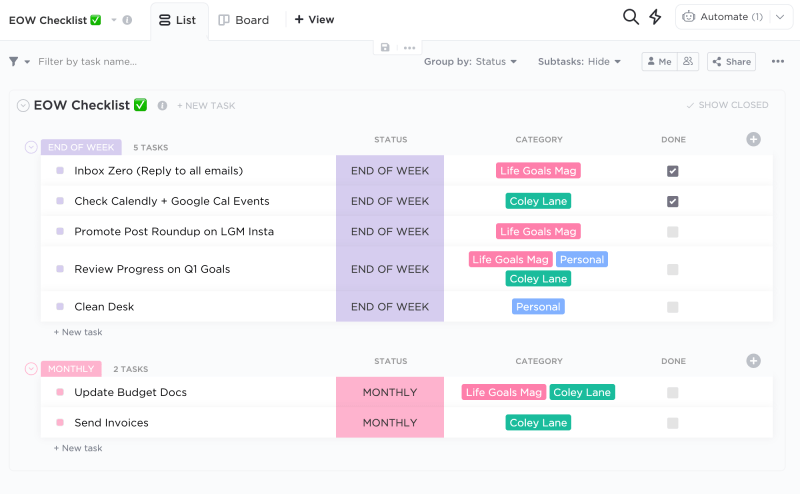 ClickUp End Of Week Checklist Template Example